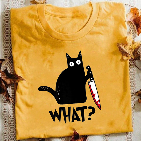Cat What T Shirt Murderous Cat With Knife Funny Halloween Gift T Shirt Unisex High quality cotton t-shirts Halloween present ► Photo 1/6