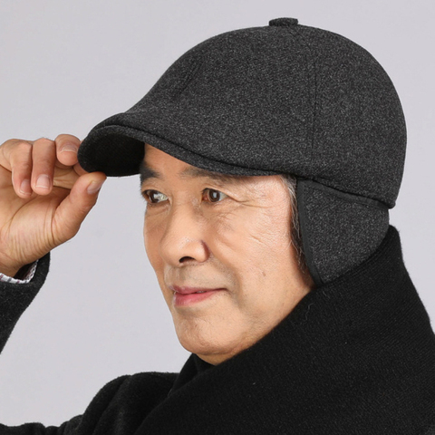 Berets Autumn Winter Hat Men Wool Beret Cap Male Thick Warm Ivy Octagonal Newsboy Flat Cap Father Dad Hat with Ear Flaps ► Photo 1/6