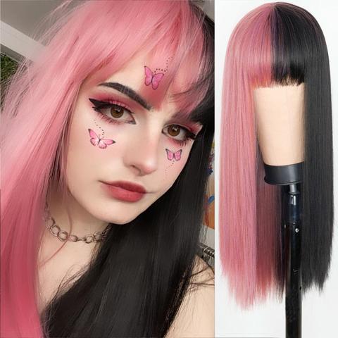 Buy Online Lolita Half Black Half Pink Wig For Black Women African American Synthetic Pink Hair Wigs With Bangs Heat Resistant Cosplay Wigs Alitools