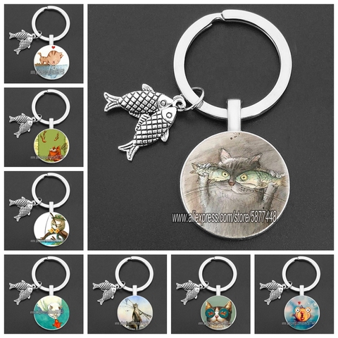 Naughty Cat and Fish Glass Pendent Keychain Cute Cat Who Wants To Eat Fish Key Rings for Women and Cute Girl ► Photo 1/6