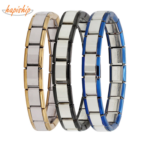 Hapiship 9mm Width Fashion Women/Men's 18Links Gold/blue/Black Brim Stainless Steel Chains Elastic Bangle Bracelet Gift B01 ► Photo 1/5