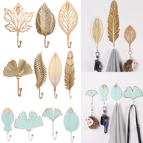 1PC Nordic Style Wrought Iron Hook Leaf Shape Wall Hanger Gold/Green Hanging Storage Rack Home Decoration Bathroom Organizer ► Photo 1/6