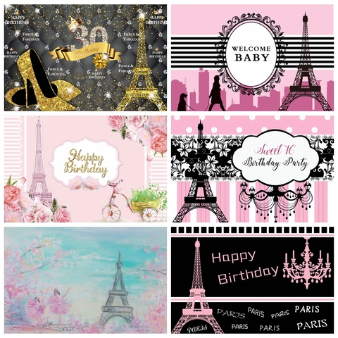 Laeacco Birthday Photocall Pink Paris Eiffel Tower Flowers Chandelier Custom Photography Backdrops Baby Newborn Backgrounds Prop ► Photo 1/6