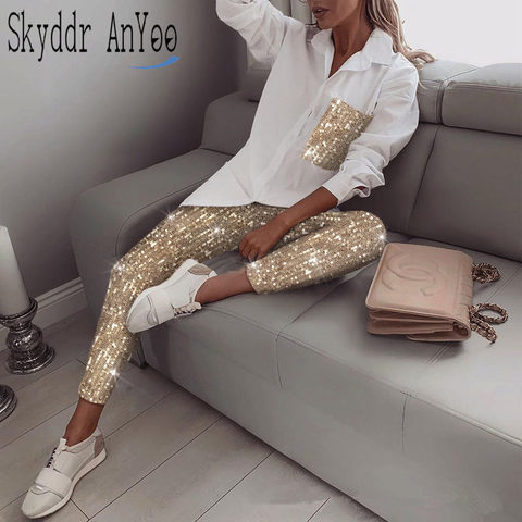 Women Fashion Sequin Two Piece Set Long Sleeve Womens Tops And Blouses Femme Two Piece Outfits Elastic Waist Long Pants Sets ► Photo 1/6