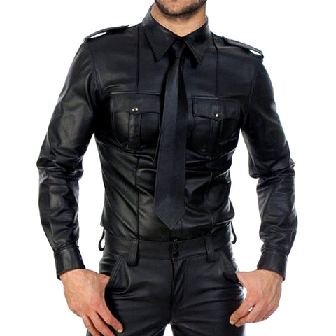 Men Leather Shirts PU Leather Long Sleeve Shirts Men Fitness Tops Gay Latex Shirt Mens Stage Tops Blouse Sexy Party Clubwear ► Photo 1/5