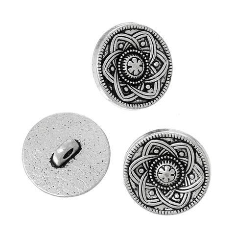 DoreenBeads Shank Button Metal Buttons Single Hole Flower Zinc Metal Alloy Round Silver Color 15mm( 5/8\