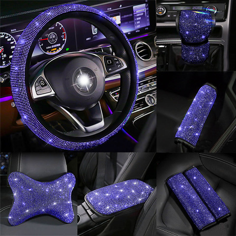 Crystal Blue Diamond Auto Car Steering Wheel Covers Handbrake Gear Cover Seat Belt Shoulder Headrest Pad Car Interior Accessorie ► Photo 1/6