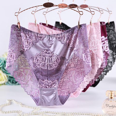 Large Size High Waist Panties Women Underwear Sexy Lace Transparent Hollow Plus Size Satin Briefs Big Pantie Female 4xl 5xl 6xl ► Photo 1/6