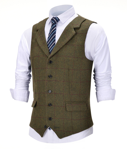 2022 New Navy Blue Men's Plaid Vest Wool Tweed Suit Vest Formal Notch Lapel Waistcoat Groomsmen Customizable For Wedding ► Photo 1/6