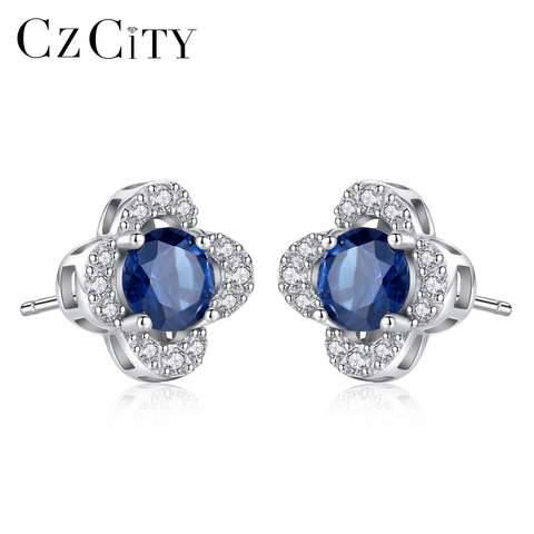CZCITY Fashion Stud Earring Inlay Created Round Royal Sapphire Blue Topaz Women 925 Sterling Silver Earring Fine Vintage Jewelry ► Photo 1/6