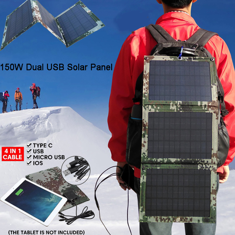 Foldable 150W Dual USB Solar Panel Outdoor Folding Waterproof Solar Panel Charger Mobile Power Battery Charger With 4 in 1 Cable ► Photo 1/6