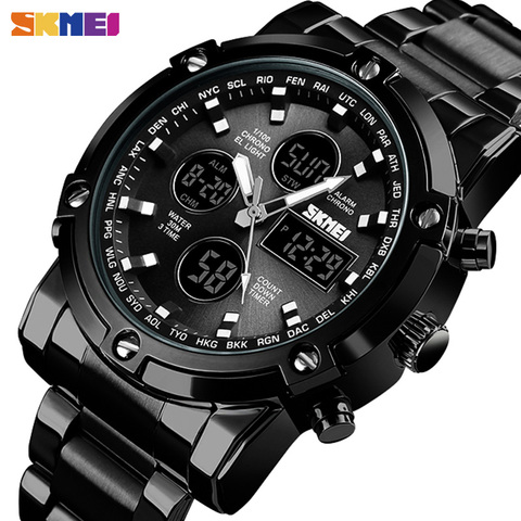 SKMEI Digital Quartz Watch Men Three Time Quartz Wrist Mens Watch Countdown Steel Strap Wristwatch Clock Relogio Masculino 1389 ► Photo 1/6