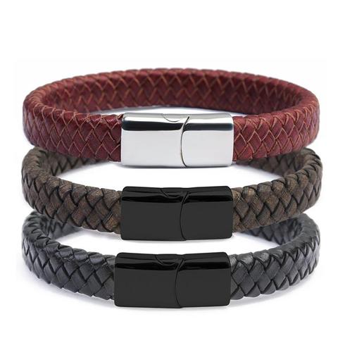 Brown Leather Bracelet, Stainless Steel Clasp, Genuine 8mm Braided Leather Cord, Mens Bracelet