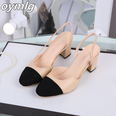 Women Slingbacks Shoes High Heels Thick High Heel Shoes Cow Leather Mixed Colors Pumps Ladies High Heel Elegant Sandals Female ► Photo 1/1