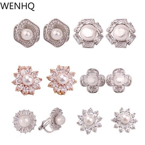 WENHQ New Cubic Zircon Pearl Clip on Earrings No Pierced for Women Girl Fashion Gold Color Flower Shape Ear Clip Fake Earrings ► Photo 1/6