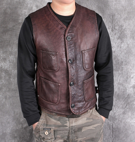 Japanese Vintage Leather Vest Men's Genuine Leather Sheepskin Sleeveless Jackets Biker Vest Casual Waistcoat High Quality ► Photo 1/6