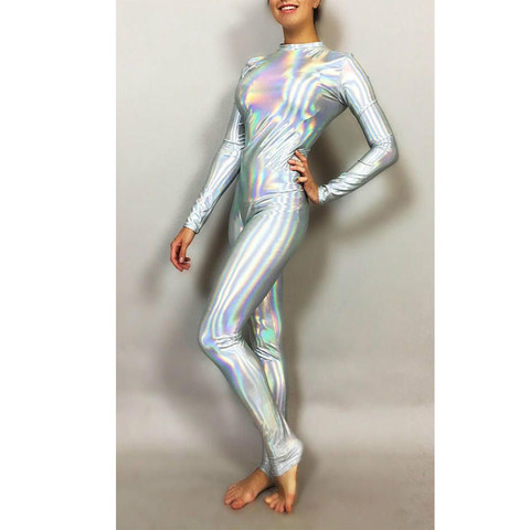 12 Colors Trendy Holographic Long Sleeve Jumpsuit Novelty Laser Color Catsuit Back Zipper Unitard Performance Dancing Costume ► Photo 1/6