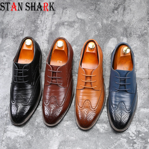 New Men Oxford Genuine Leather Rubber Dress Shoes Brogue Lace Up Flats Male Casual Shoes Black Brown Size 38-48 ► Photo 1/6