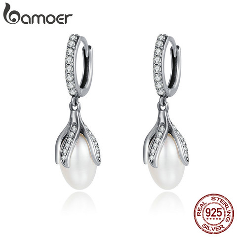 BAMOER Authentic 925 Sterling Silver Blooming Flower Petal Freshwater Pearl Drop Earrings for Women Luxury Silver Jewelry SCE259 ► Photo 1/6