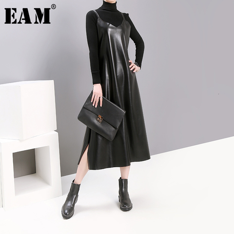 [EAM] Women Black Pu Leather Vent Temperament Dress New Spaghetti Strap Sleeveless Loose Fit Fashion Tide Spring Autumn 2022 ► Photo 1/6