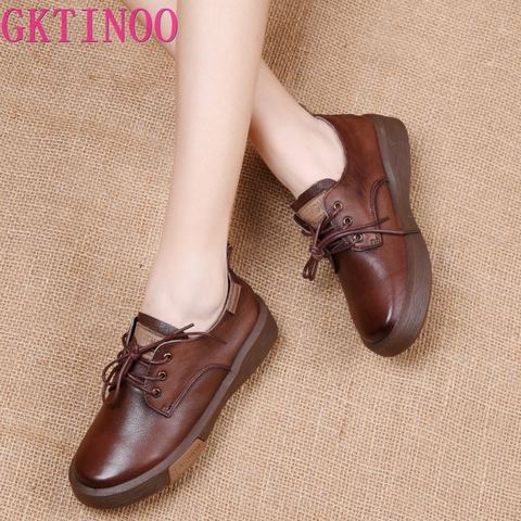 GKTINOO Sneakers Women Genuine Cow Leather Round Toe Lace-Up Ladies Retro Casual Flat Shoes Handmade Loafers ► Photo 1/6