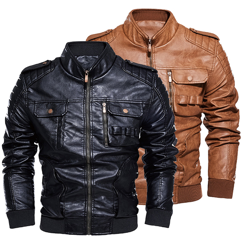 Autumn Winter Men Black Leather Jacket Motorcycle Coat Men Streetwear Fashion Fur Lined Coat Military Men Jacket Plus Size 4XL ► Photo 1/6