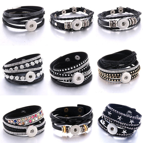 New Black Leather Snap Bracelet for Women Rhinestone Multilayer Leather Bracelet Diy 18mm Snap Button Jewelry Accessories Gift ► Photo 1/6