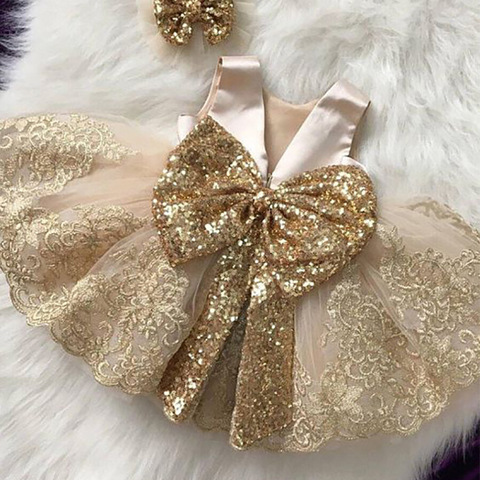 2022 Summer Sequin Big Bow Baby Girl Dress 1st Birthday Party Wedding Dress For Girl Palace Princess Evening Dresses Kid Clothes ► Photo 1/6