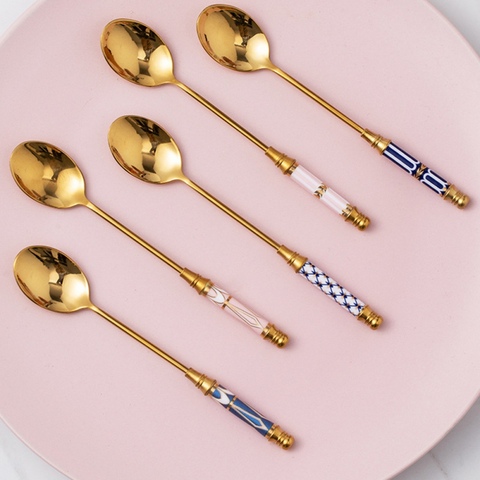 Stainless Steel Coffee Stirring Spoon Flatware Ceramic Long Handle Vacuum Plating Ice Cream Teaspoon Gold-plated Dessert Spoon ► Photo 1/6