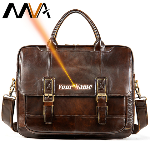 MVA Men's Genuine Leather Bag Office Mens Briefcase Vintage Men's Leather Bag Engraved Messenger Men Handbag For 14