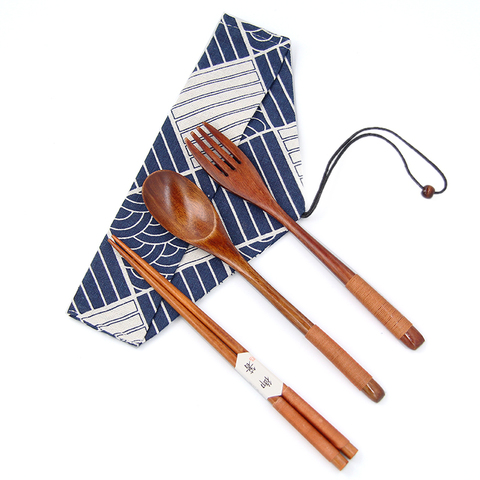 Wooden Tableware Set Portable Reusable Dinnerware Utensil Fork Spoon Chopsticks With Cloth Bag for Outdoor Camping Office Lunch ► Photo 1/6