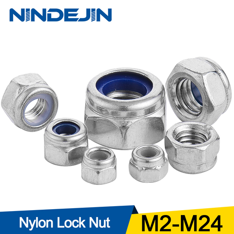 NINDEJIN Nylon Lock Nut 304 Stainless Steel Hex Hexagon Locknut M2 M2.5 M3 M4 M5 M6 M8 M10 M12 M14 M16 M20 M24 Nylon Nut DIN985 ► Photo 1/5