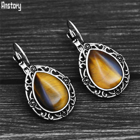 Water Drop Tiger Eyes Plant Flower Hook Earrings For Female Antique Silver Plated Vintage Jewelry ► Photo 1/6