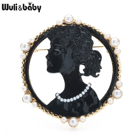 Wuli&baby Black Paint Girl Head Badge Brooches Women Pearl Round Lady Head Figure Brooch Pins Gifts ► Photo 1/3