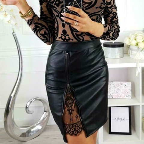 New Fashion Women Office Elegant Mini Skirts Lace patchwork Lady High waist PU Leather Zipper Skirts Split Bodycon Party Clothes ► Photo 1/6