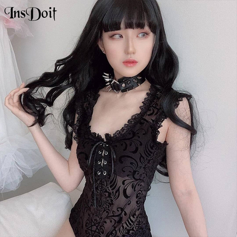 InsDoit Sexy Lace Bodysuits Women Bodycon Mesh Hollow Out Sleeveless Bodysuit Gothic Streetwear Body Female Party Nightclub Body ► Photo 1/6