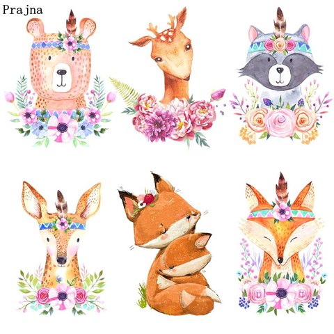Prajna Jungle Animal Cartoon Iron On Transfers Vynil Heat Transfer Thermal Patches For Clothing Fox Deer Bear Ironing Stickers ► Photo 1/6