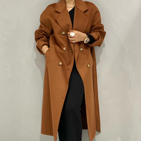 Winter 2022 High-end Lapel Lacing Belt Plus Size Loose Long Water Ripple Double-sided Wool Coat Women Handmade Cashmere Jacket ► Photo 1/6