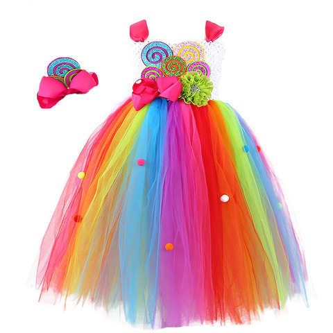 Rainbow Sweet Candy Fairy Girl Birthday Costume Kids Rainbow Lollipop Flower Bow Tutu Dress and Headband For Mardi Gras Carnival ► Photo 1/6