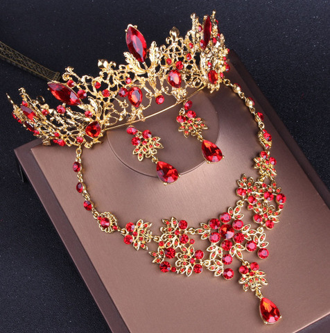 Baroque Vintage Gold Red Bridal Jewelry Sets with Tiaras Choker Crystal Rhinestone Necklace Earrings Set Wedding Crown ► Photo 1/5