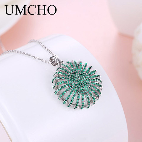 UMCHO Solid 925 Sterling Silver Zircon Green Round Pendants Necklace For Women Girl Wedding Engagement Party Fine Jewelry ► Photo 1/5