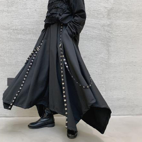Men Ribbon Dark Black Wide Leg Pants Male Women Japan  Punk Gothic Harem Trousers Kimono Skirt Pants ► Photo 1/6