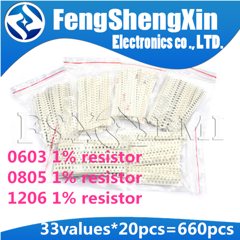 33values X20pcs=660pcs 0603 0805 1206 SMD Resistor Kit Assorted Kit 1R 1ohm-1M ohm 1% Sample Kit New  1K 10K  100K 200K  680R ► Photo 1/6