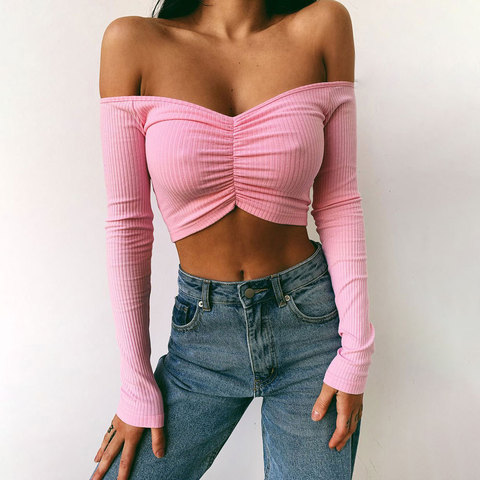 Off Shoulder Crop Top Women Summer Long Sleeve T Shirt V Neck tshirt Elegant Party Club Tee Shirt Femme Dames Streetwear ► Photo 1/6