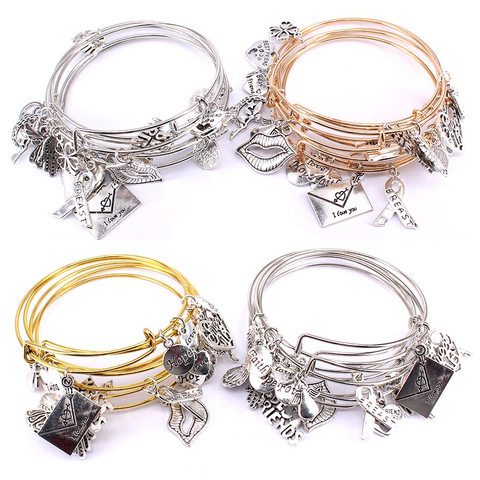 5pcs Bangle Set Wire Bracelets for Women Girls Jewllery Mixed Lips Best Friends Breast Cancer Love Heart Charm Bracelets C041 ► Photo 1/6