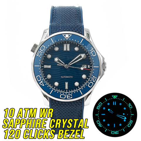 HOT 10BAR 100M Water Resistant Blue Wave JAPAN MIYOTA Mechanical Automatic Watch DIVER300M Style Sapphire Crystal Luminous ► Photo 1/6