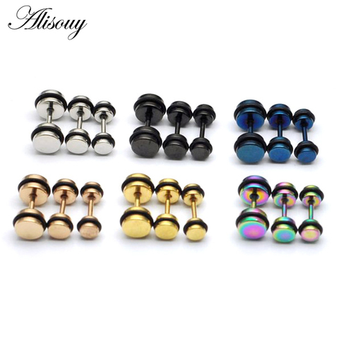 4 5 6MM Diameter titanium steel Black rubber circle dumbbell Men Punk Screw Back (pierced) stud Earrings ► Photo 1/6