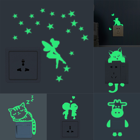 Glow In The Dark Luminous Cartoon Cat Switch Sticker Fluorescent Fairy Moon Stars Kid Room Christmas Decoration Home Wall Decor ► Photo 1/6