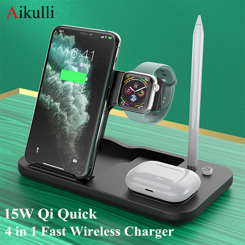 Aikulli 15W Qi Wireless Charger 4 in 1 Fast Charging Stand For iPhone 12 11 Pro XS Apple Watch 5 4 3 AirPods 2 Pro Pencil Charge ► Photo 1/6