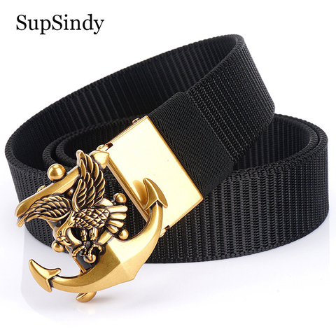 SupSindy Man's nylon belt luxury gold Eagle metal automatic buckle Canvas Belts for men fashion jeans Waistband black male strap ► Photo 1/6